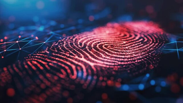 A glowing red digital fingerprint overlaid with network connections on a blue background.
Concept of: Biometric network security.
