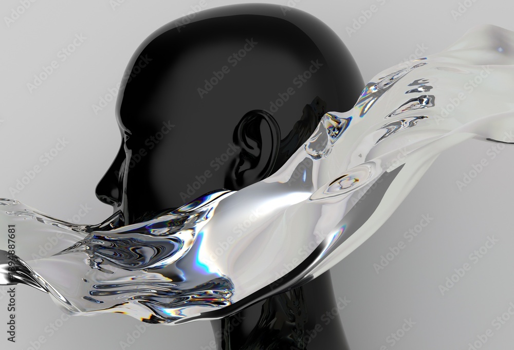Aufkleber black head sculpture is enveloped by a flowing, translucent liquid, creating a surreal visual with c