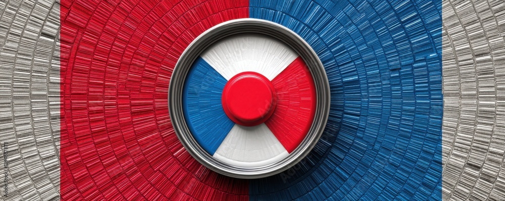 Poster a vibrant circular design featuring red, white, and blue colors, creating a striking visual pattern 