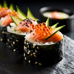 Sushi roll with crab, cucumber, and salmon roe on a black plate, presented in a close-up view