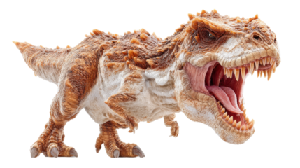 A fearsome life sized model of a Tyrannosaurus Rex dinosaur with its jaws open teeth bared and emitting a mighty roar