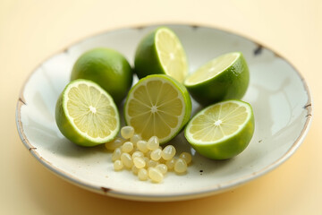 A Vibrant Composition of Fresh Limes and Tiny, Translucent Pearls Displayed on an Elegant Ceramic Plate, Evoking a Sense of Culinary Delight and Refreshment