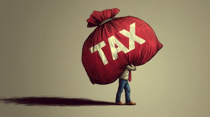 A person struggles under a large bag labeled "TAX," symbolizing the burden of taxes on individuals.