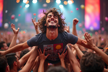 A Vibrant Crowd Surfing Celebration, Joyful Man Elevated by a Cheering Audience at an Energetic Music Festival Amidst a Dazzling Light Display
