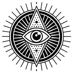 Symbolic All Seeing Eye Graphic Design With Geometric Triangle And Circle In Black And White Spiritual Illustration For Occult Tattoo Art