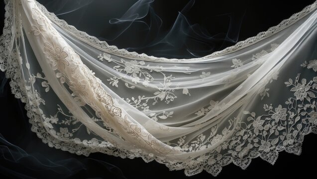 Flying white lace fabric in a curved shape, Textile piece of white lace fabric released into the air. Black background with a dark ambiance