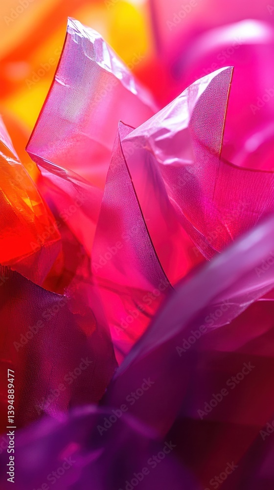 Poster abstract composition of vibrant translucent cellophane sheets with vivid color gradients and delicat