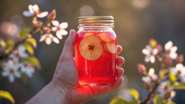 Hard Cider Served in a Glass Accompanied by an Unlabeled Bottle and Apple Blossoms