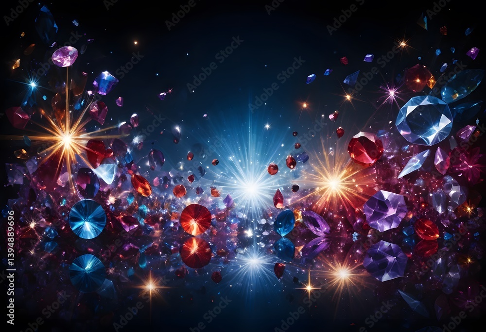 Poster abstract light reflections. vibrant colors dance. shimmering gems sparkle. depth and motion evident.