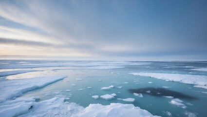 Fototapeta premium An outlook from the frigid, snow-blanketed beach. Gloomy day, intense lighting, soft rays of sunlight. Ice, snowfall. Capricious weather, winter storm. Cold season tourism, ecological themes.