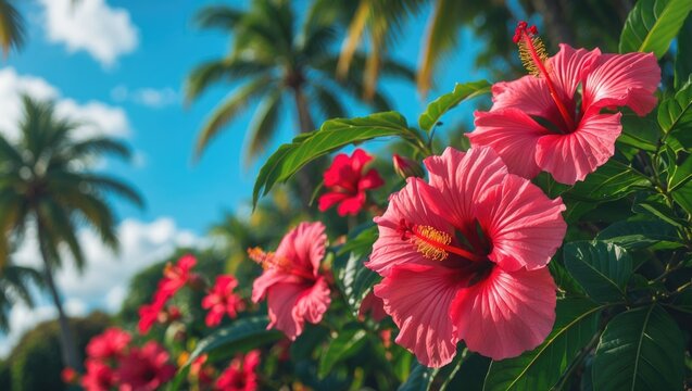 Fototapeta Hibiscus flowers in red set against a blue sky and leafy background