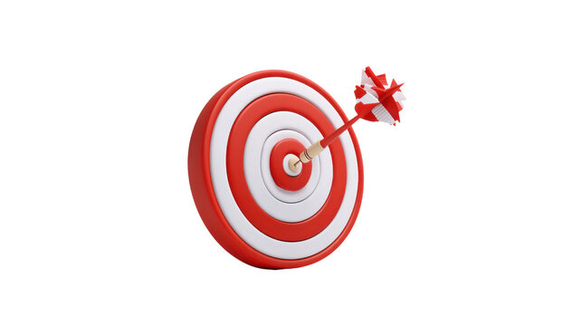 Closeup view of a classic red and white bullseye target with an arrow hitting the center symbolizing success accuracy and achievement