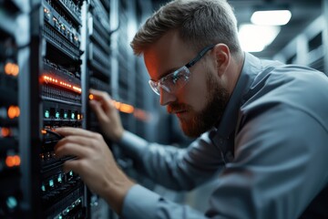 A technician works diligently on network servers, adjusting cables and settings, showcasing technical skills in a modern data center filled with servers and technology.