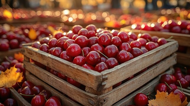 Fresh, ripe cherries in wooden crates