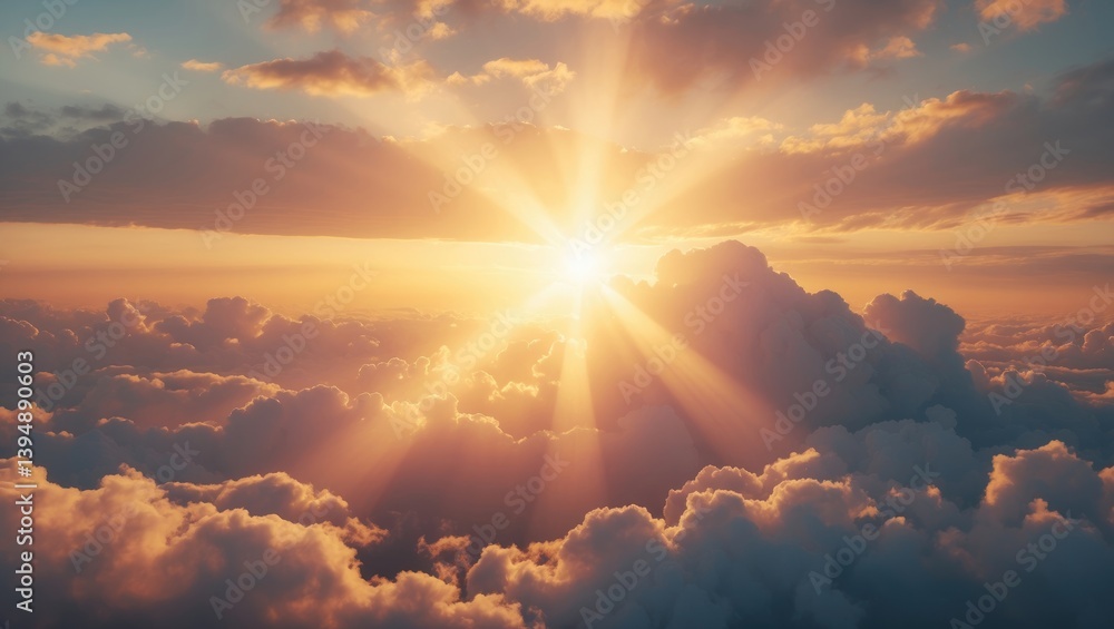 Poster divine radiance filtering through clouds of the sun's warmth. theme of harmony and contentment.
