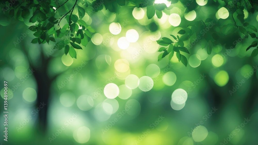 Poster green textured background featuring blurred images and bokeh under the tree, concept of fresh nature