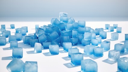 Collection of blue ice cubes on large surface.