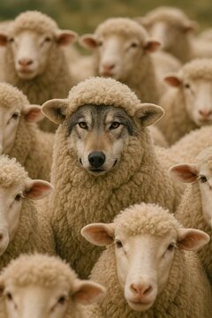 Wolf in Sheep's Clothing: A cunning wolf cleverly disguised within a flock of sheep, symbolizing deceit and hidden intent, the striking image masterfully depicts the age-old proverb.