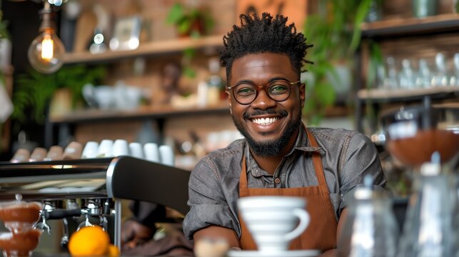 Cheerful barista wearing apron standing at counter in coffee shop. Small business owner.