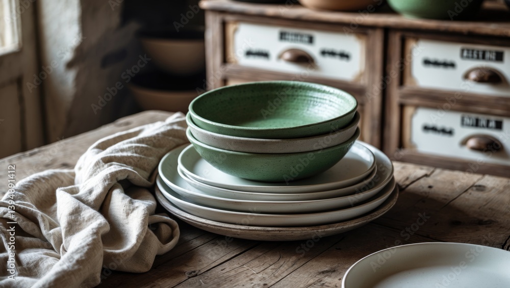 Poster gray stoneware dishes displayed on a rustic table