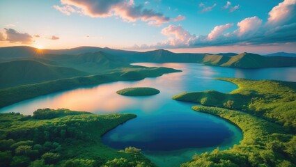 Fototapeta premium Breathtaking sunset on volcanic lake - panoramic landscape