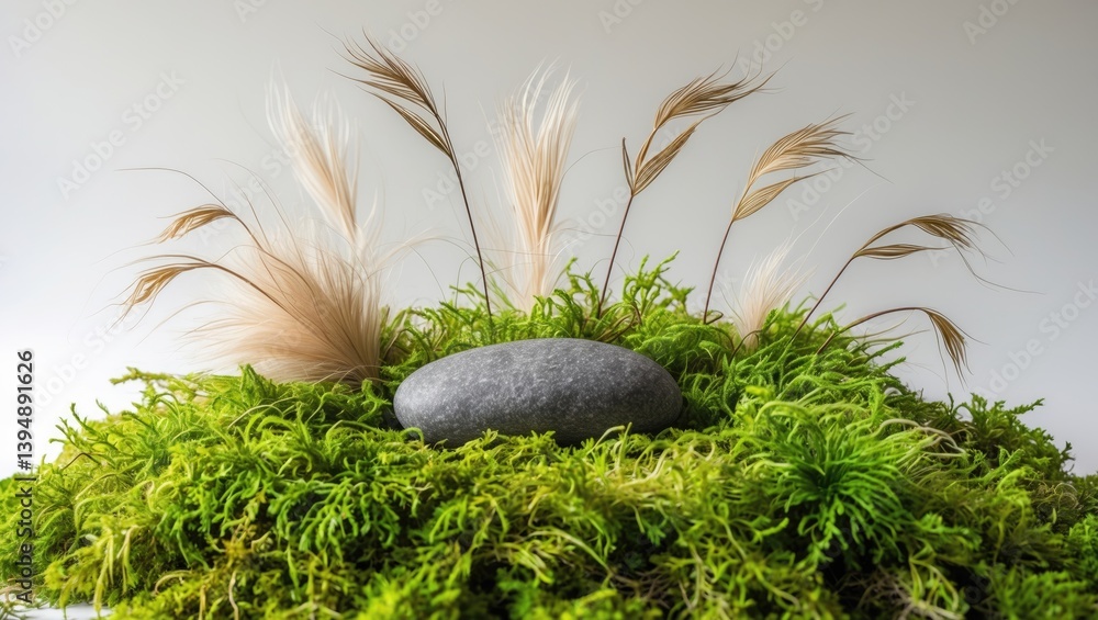 Poster isolated green moss with reeds on a white background