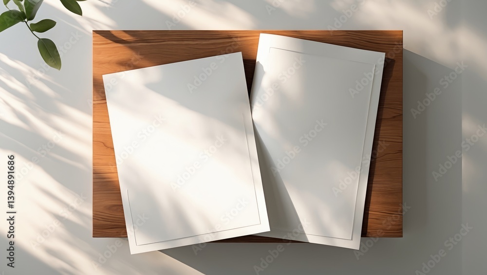Poster a4 size bi-fold mockup design for a half-folded flyer pamphlet brochure template displayed on a wood