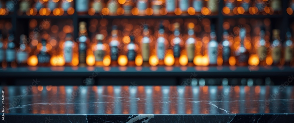 Poster Grey surface and attractive bokeh shelves filled with alcohol bottles in the background. Bar concept.