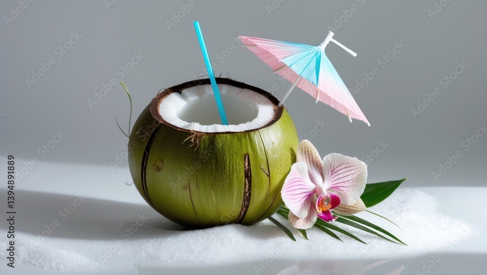 Aufkleber green coconuts with a drinking straw and flower set against a white background