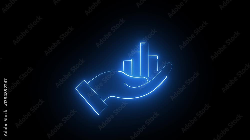Poster neon hand with business graph animation increased. abstract neon line business graph animation. abst