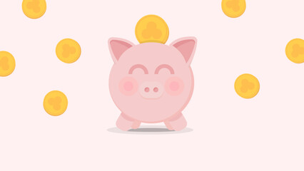 Piggy Bank with Coins: Flat Vector on Light Pink. A cheerful pink piggy bank with falling gold coins is centered on a light pink background, ideal for finance or savings concepts. © Karolina