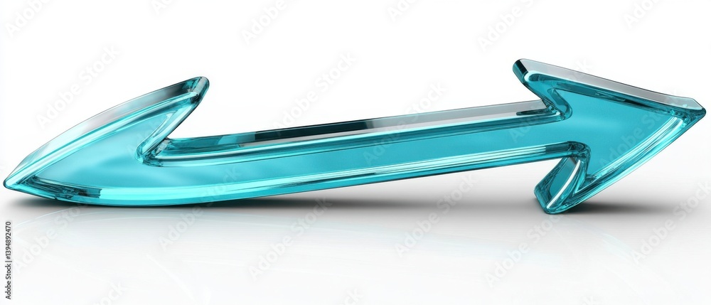 Poster translucent turquoise arrow on white surface symbolizing direction guidance and forward movement wit