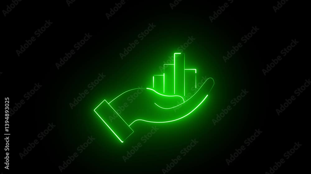 Poster neon hand with business graph animation increased. abstract neon line business graph animation. abst