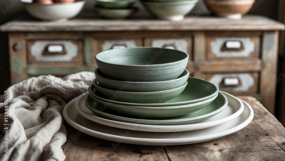 Aufkleber gray stoneware bowls and plates arranged on a rustic table