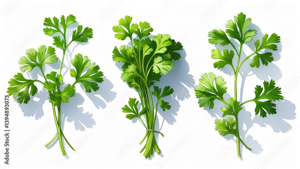 Poster isolated fresh green leaves of coriander on a white background. top view of cilantro on a white surf