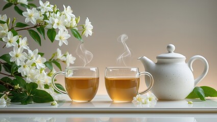 Herbal health beverage made from organic ingredients. Green tea with jasmine flowers served in white mugs alongside a teapot on a white table adorned with blooming jasmine flowers.