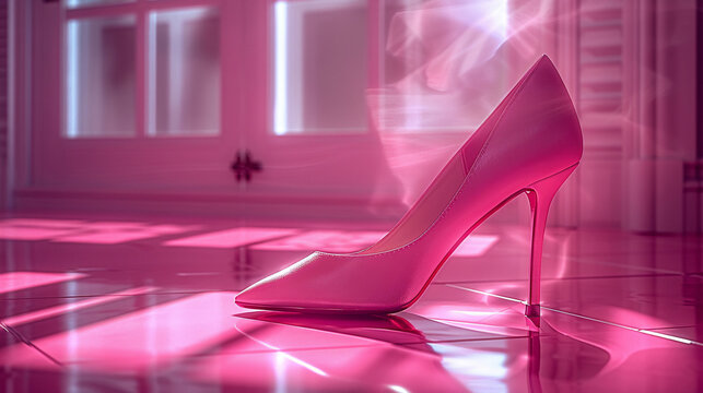 A striking single pink high heel shoe placed against a reflective, vibrant pink backdrop, representing fashion, elegance, and modern style for the trendy