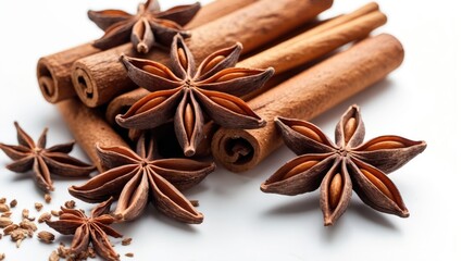 Cinnamon sticks and star anise placed against a white backdrop. Flavorful spices used in baking, drinks, and desserts. Roll of cinnamon and anise star.