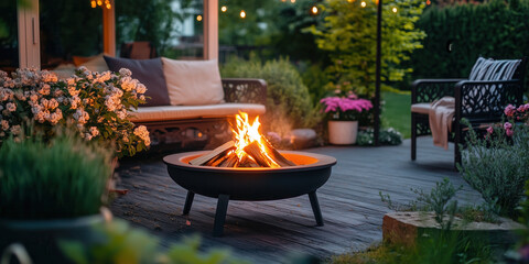 Modern fire pit on small garden terrace with garden furniture on warm summer evening.
