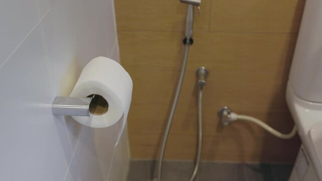 Close up of woman hand pulling toilet paper in holder.