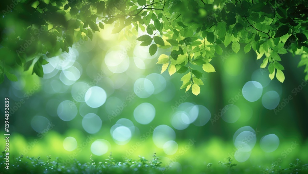 Poster textured green backdrop with blurred photos and bokeh beneath the tree, fresh nature health or bio i