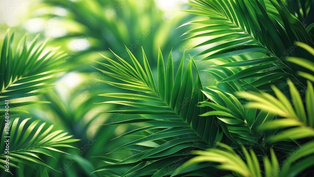 Poster Background with an abstract texture of green palm leaf patterns. Ideal for tropical summer graphic design.