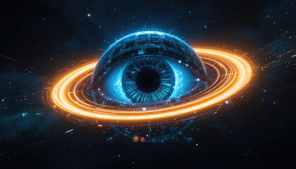 A futuristic eye surrounded by glowing rings and cosmic elements, representing technology and space.