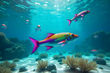 Fototapeta premium A Vibrant Symphony, A School of Neon-Colored Fish Dancing in an Iridescent Underwater World Amidst Coral Reefs and Sun-Kissed Waters