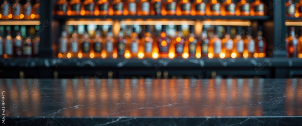 Poster beautiful bokeh shelves with alcohol bottles behind a grey table surface. bar concept.