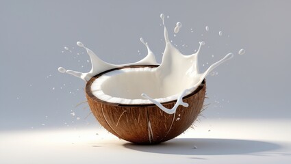 Half coconut surrounded by milk splashes against a white backdrop
