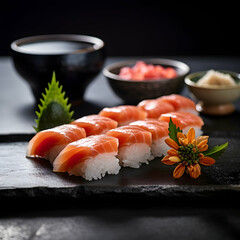 Sushi with salmon and yam, served on a gray plate, presented in an elegant restaurant setting