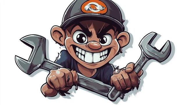 Cartoon mechanic holding wrenches.