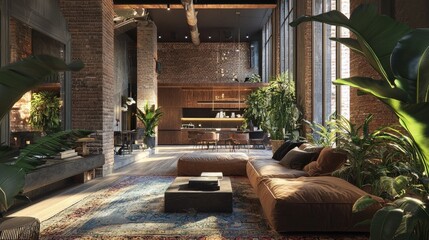 A contemporary loft interior with a cozy seating area, industrial brick textures, and elegant empty frames