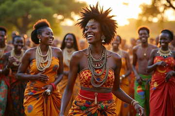 A vibrant Zulu wedding celebration unfolds amidst a verdant, sun-kissed landscape, showcasing the rich cultural heritage and joyful union of the couple surrounded by loved ones